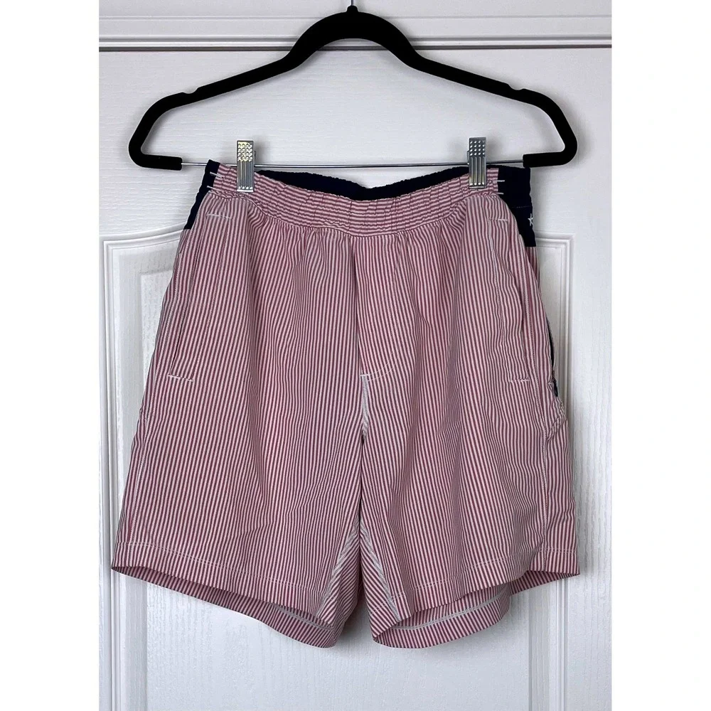 Birddogs Mens M Red White Pinstripe Star Waistband Lined Athletic Gym Shorts